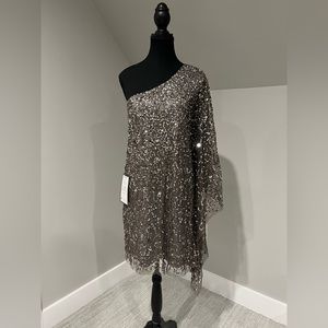 NWT Adrianna Papell Cocktail Lead Beaded One Shoulder Kaftan Dress Size …